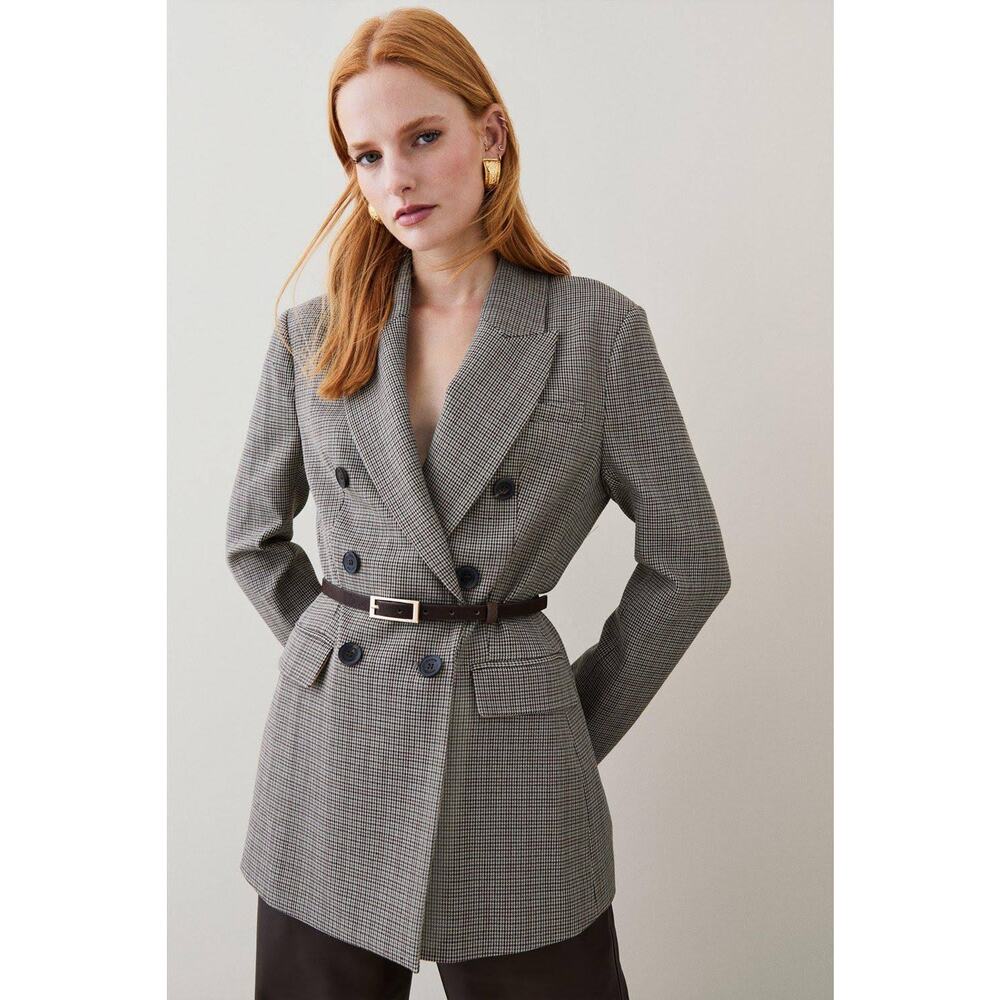 Karen Millen Blazer‎ Check Military Longline Double Breasted Sz 6 US Women's